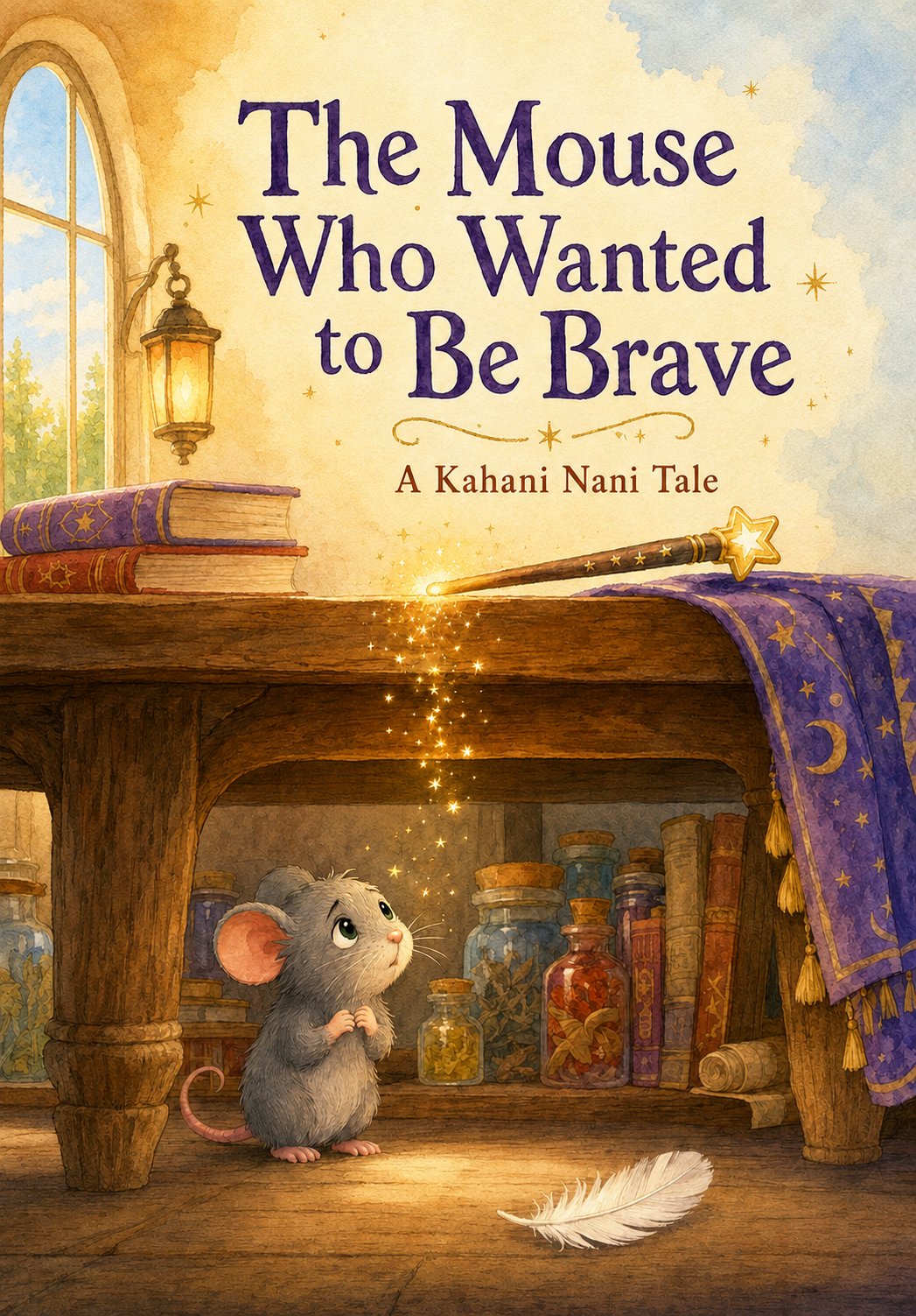 The Mouse Who Wanted to Be Brave - Minku the tiny grey mouse looking up at magician's sparkling wand in a cosy cottage