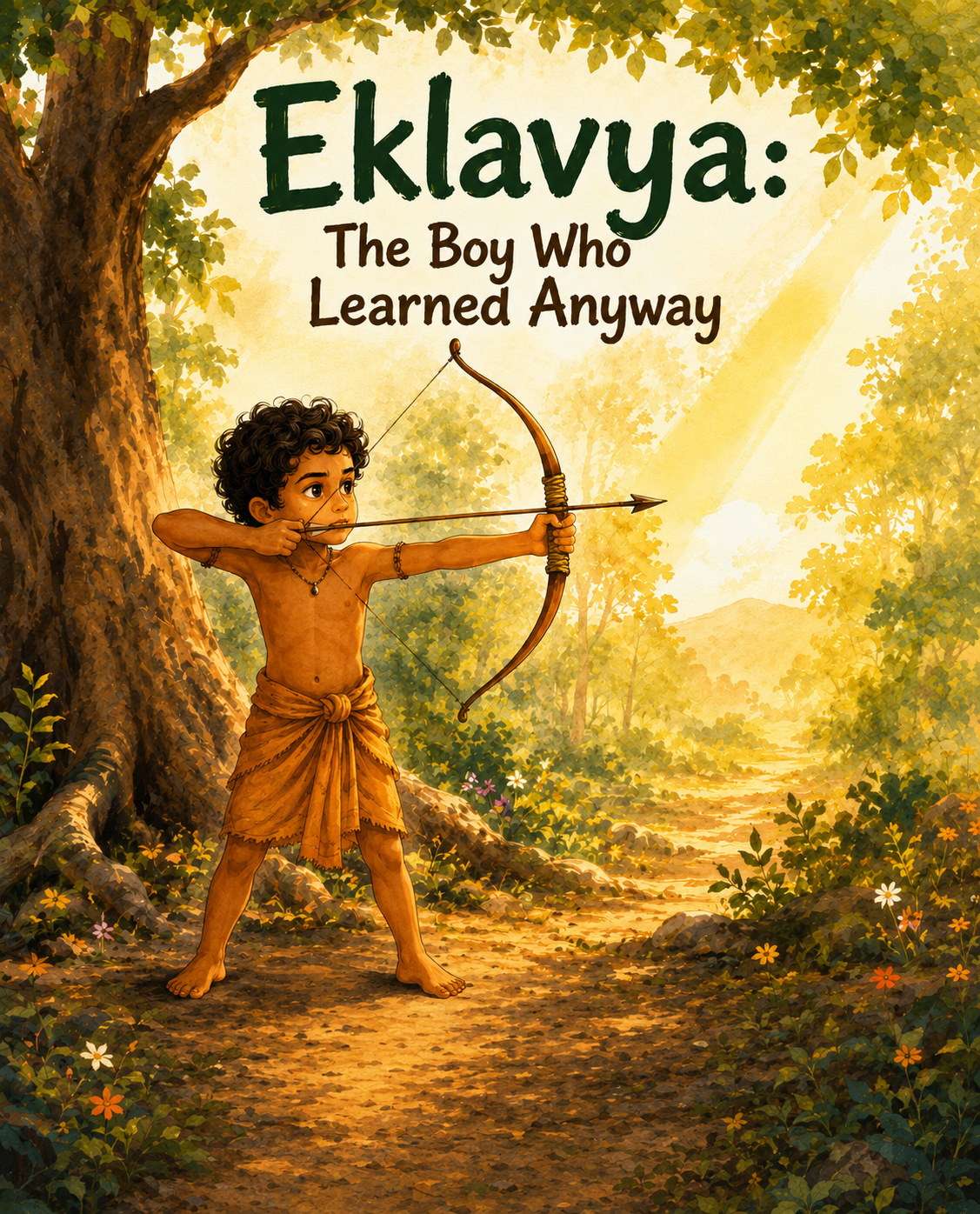 Eklavya: The Boy Who Learned Anyway — illustrated children's book cover showing a young boy drawing a bow and arrow in a sunlit forest, retold by Kahani Nani