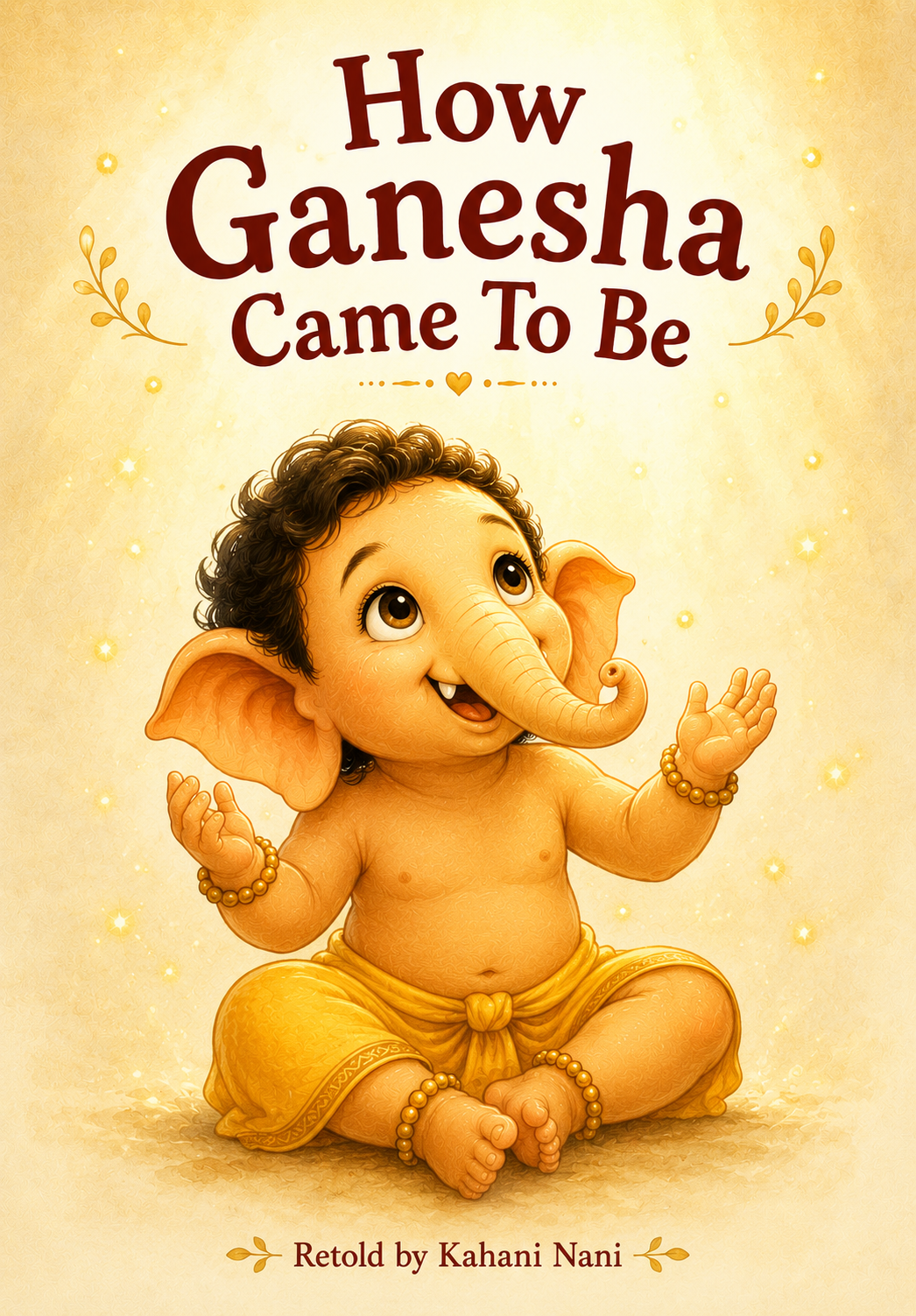 Baby Ganesha sitting cross-legged in golden light, looking up with wonder, wearing a yellow dhoti and gold bracelets — cover image for How Ganesha Came To Be, retold by Kahani Nani.