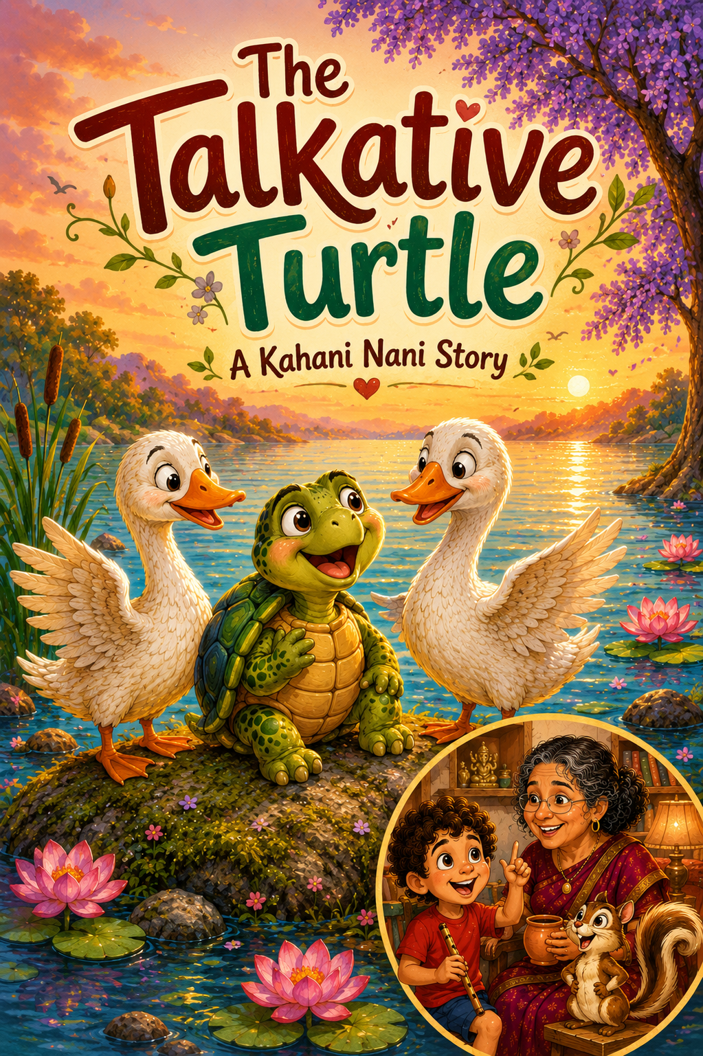 A cheerful turtle sits on a mossy rock beside a shining lake at golden hour, flanked by two friendly geese. The title reads The Talkative Turtle — A Kahani Nani Story.