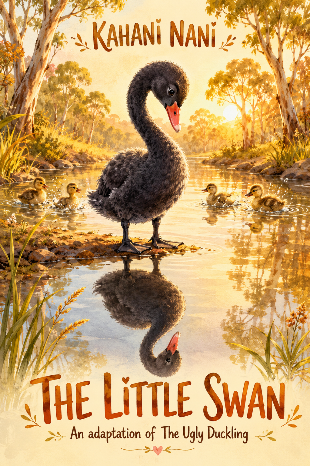 Kahani Nani presents The Little Swan — a black swan cygnet stands at the edge of an Australian creek looking at her reflection in the golden water, surrounded by yellow ducklings, with gum trees glowing in the sunset background. An adaptation of The Ugly Duckling retold for children by Kahani Nani.