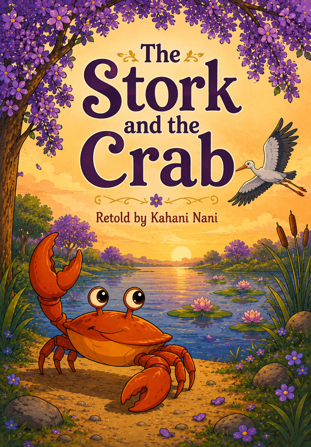 The Stork and the Crab book cover showing a clever crab at the edge of a peaceful pond while a stork flies overhead at sunset, a Panchatantra story about trust, stranger safety and wise choices.