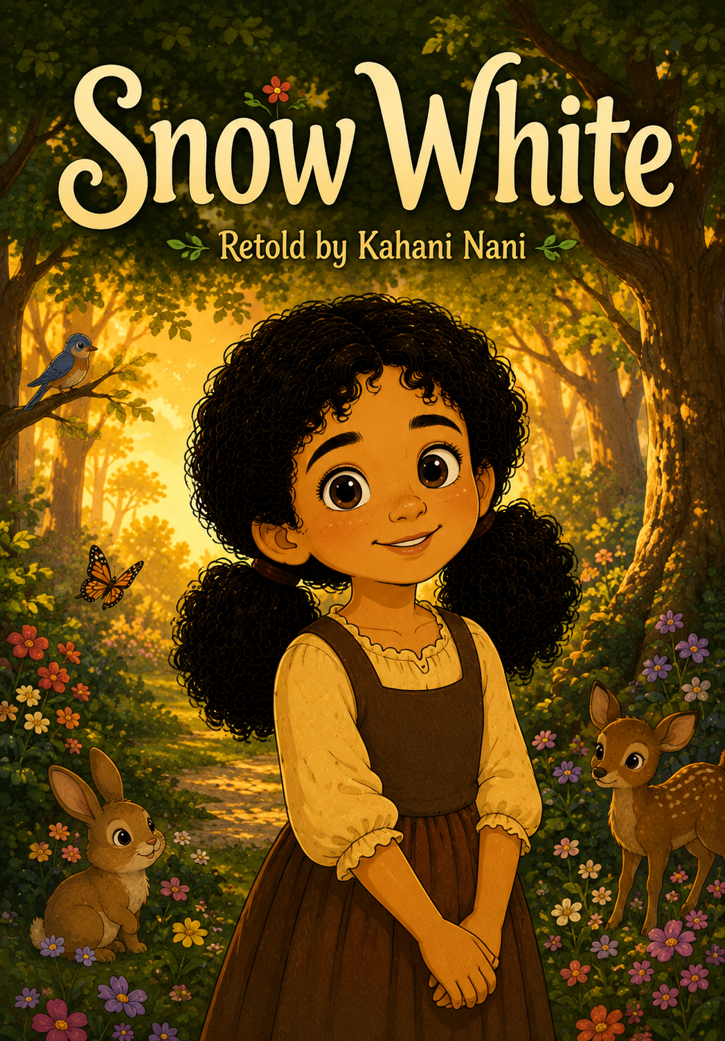 Snow White story for children by Kahani Nani, featuring a young Snow White standing in a warm enchanted forest.