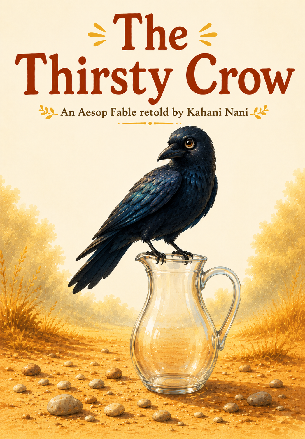 The Thirsty Crow book cover by Kahani Nani, featuring a thirsty black crow standing on a glass pitcher in a sunlit golden landscape.