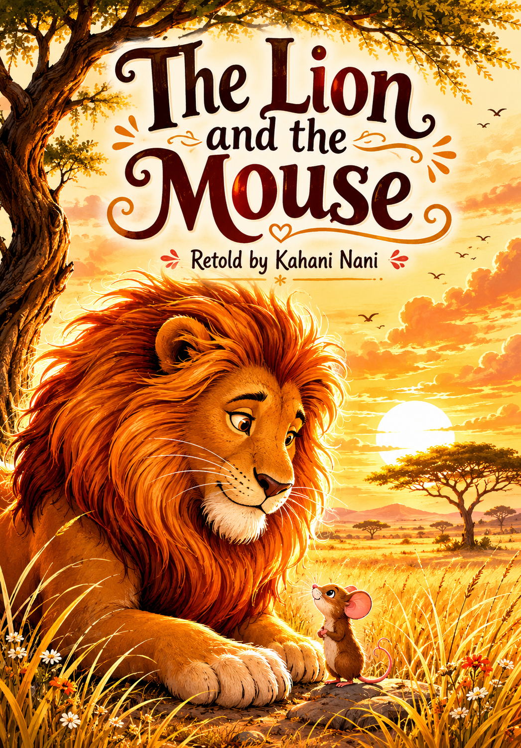 The Lion and the Mouse book cover by Kahani Nani, showing a gentle lion and a tiny mouse in the African savannah at sunset, a warm retelling of Aesop's classic fable about kindness, gratitude and helping others.