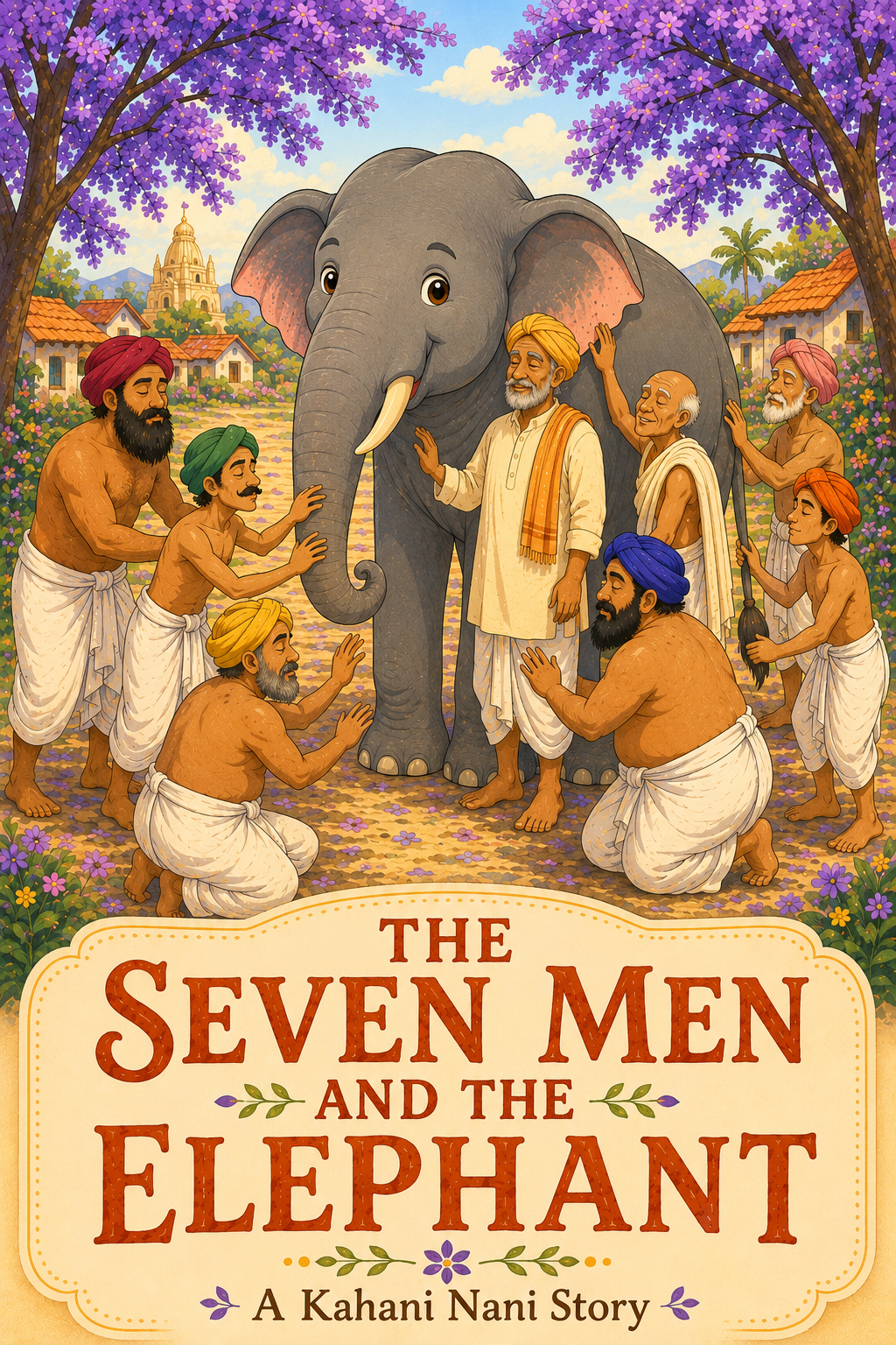 The Seven Men and the Elephant children's story cover featuring seven blind men discovering an elephant together in a modern retelling by Kahani Nani.