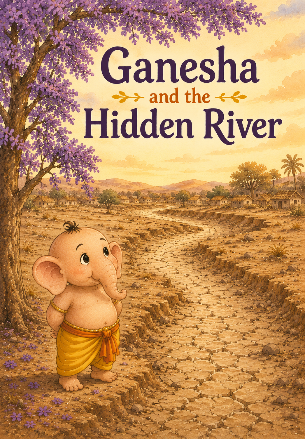 Ganesha and the Hidden River children's story cover showing young Ganesha beside a dry riverbed in a drought-stricken village beneath a blooming jacaranda tree