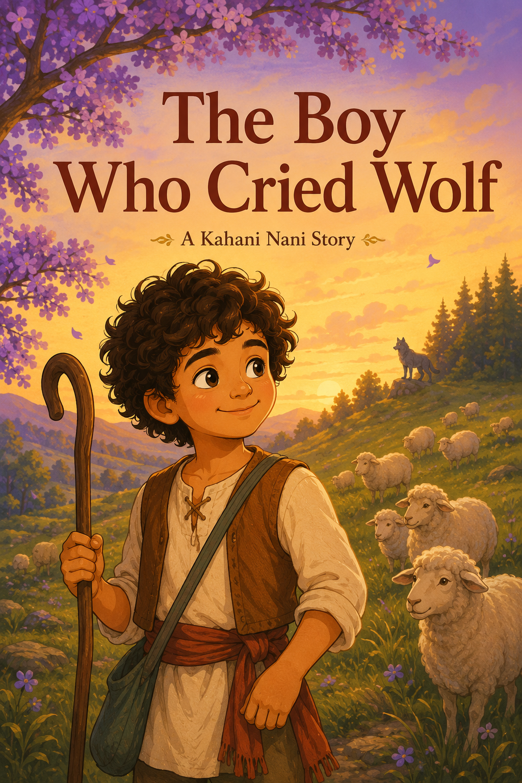 The Boy Who Cried Wolf children's story cover showing the shepherd boy and the wise old shepherd waving goodbye at sunset with peaceful sheep on a green hillside. Kahani Nani retelling for children.