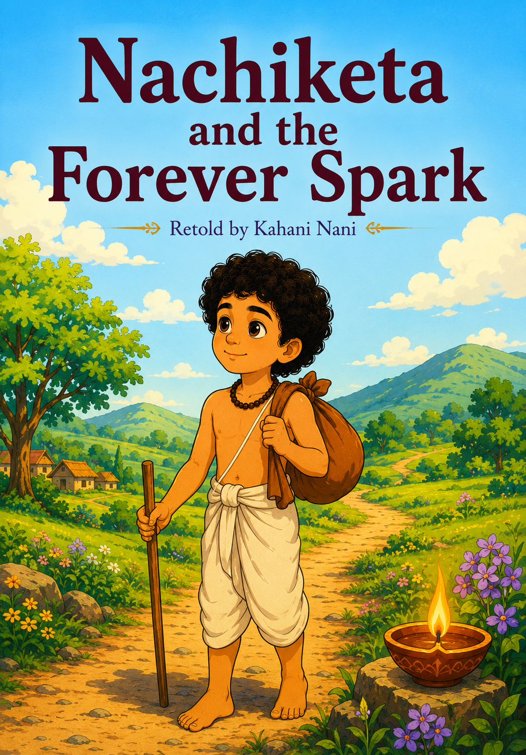 A children's picture book about the ancient Indian story of Nachiketa from the Katha Upanishad. Young Nachiketa stands on a sunlit path carrying a walking stick and travel bundle, with a glowing oil lamp in the foreground symbolising hope, wisdom and eternal love.