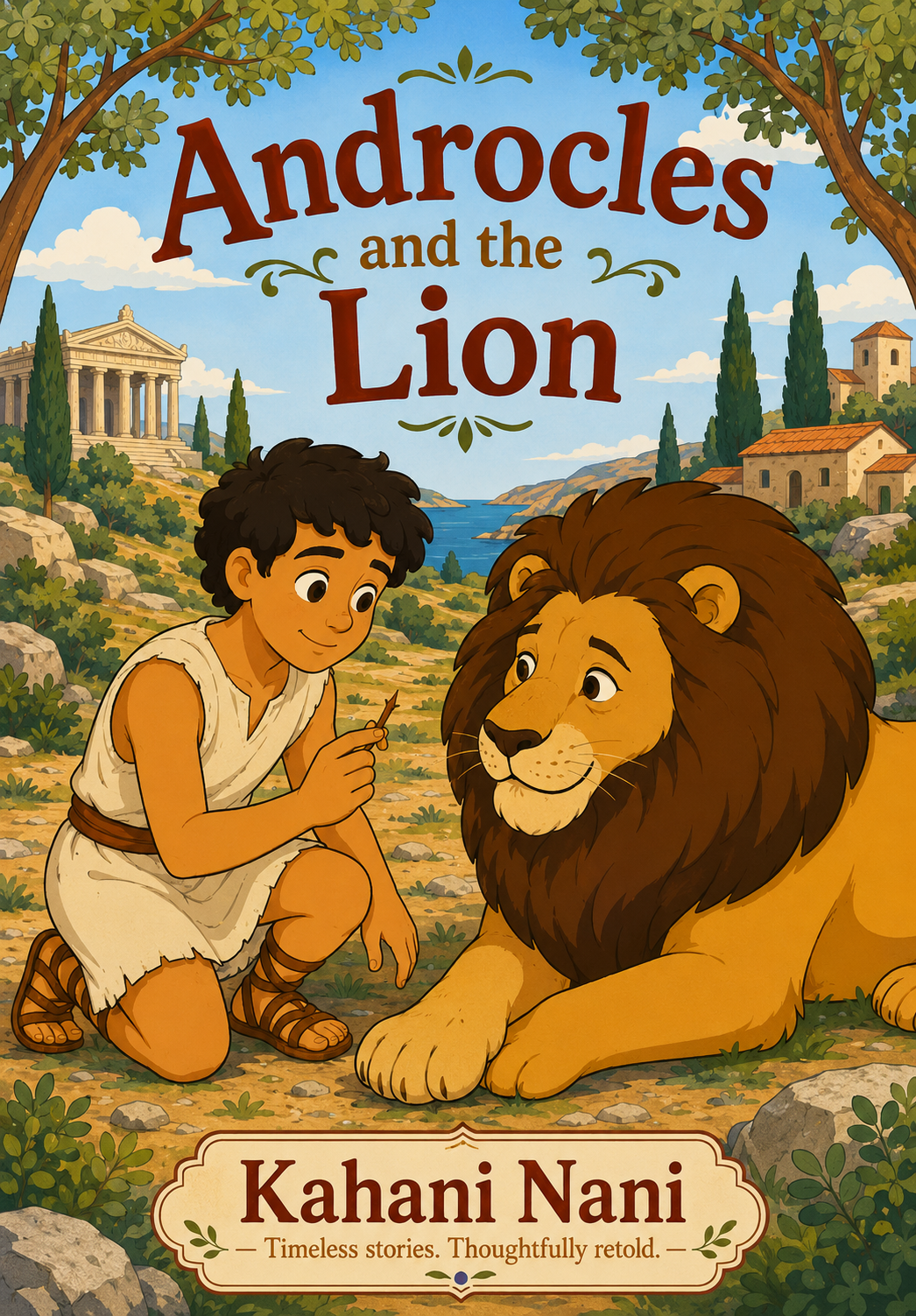 Cover of Androcles and the Lion by Kahani Nani, a beautifully illustrated children's retelling of Aesop's classic fable about kindness, gratitude and friendship.