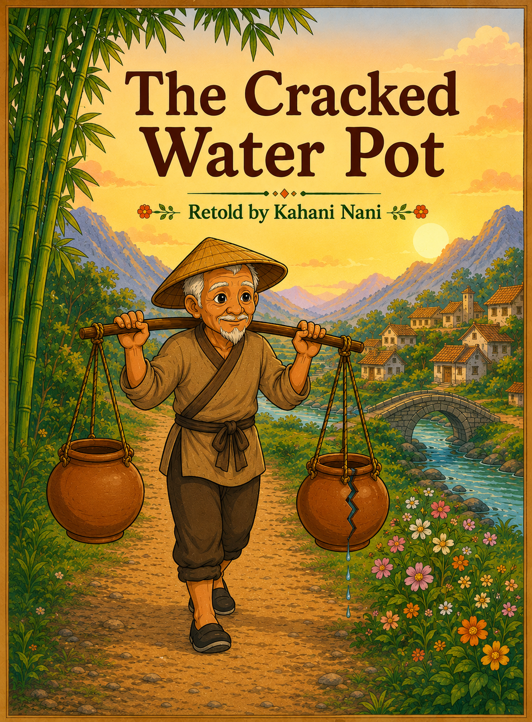 The Cracked Water Pot children's story cover featuring an elderly Chinese water carrier walking with a cracked clay pot and a whole pot along a village path. A gentle tale about purpose, kindness and self-worth retold by Kahani Nani.