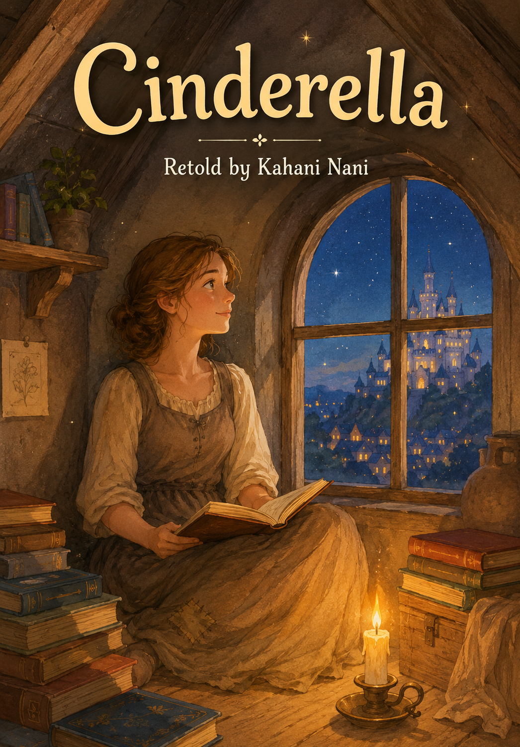Cinderella sits alone in a candlelit attic surrounded by books, gazing through an arched window at a glowing castle in the night sky. Illustrated children's book cover reading Cinderella Retold by Kahani Nani.